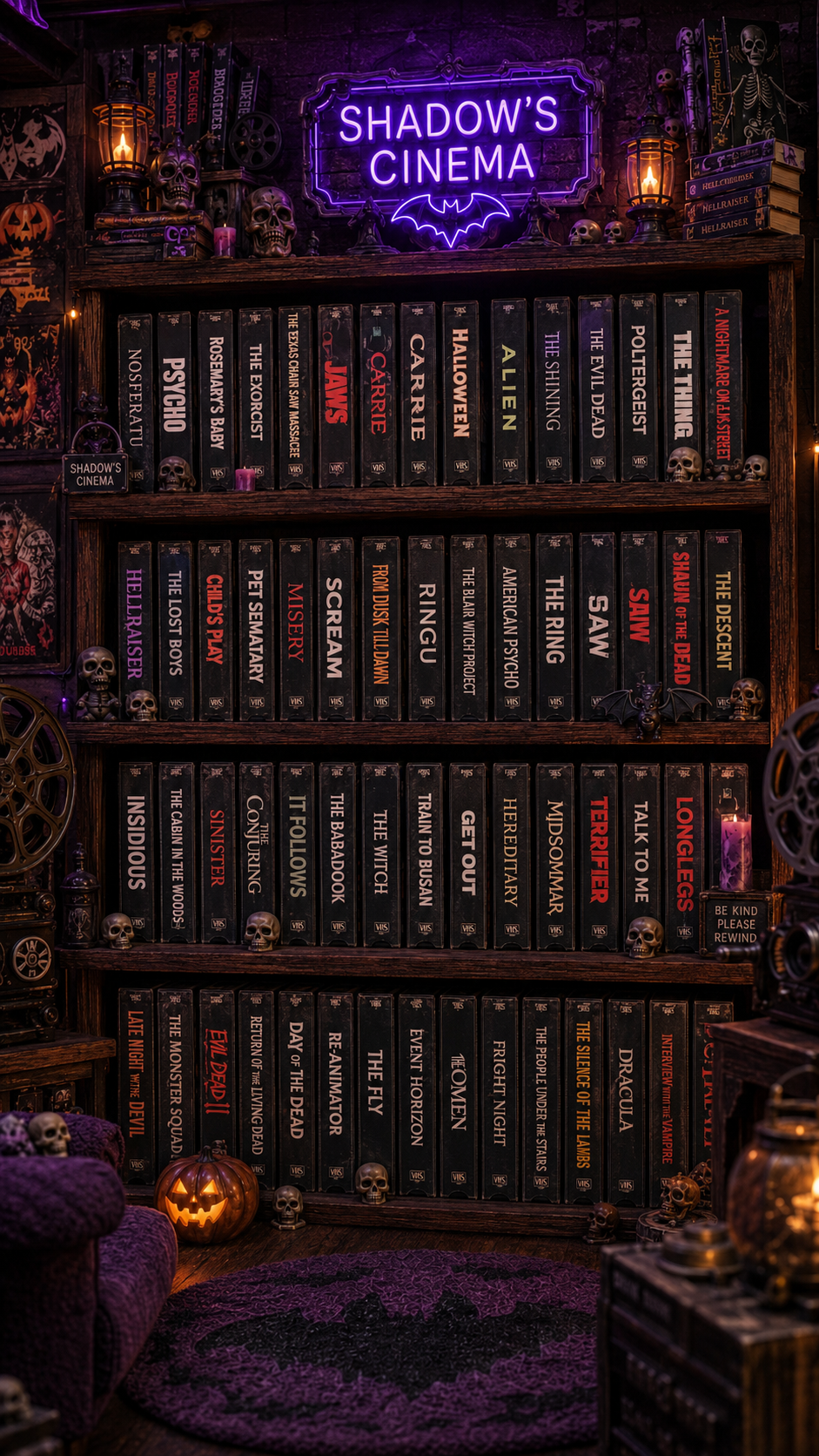 Shadow's cinema shelves filled with his VHS horror collection