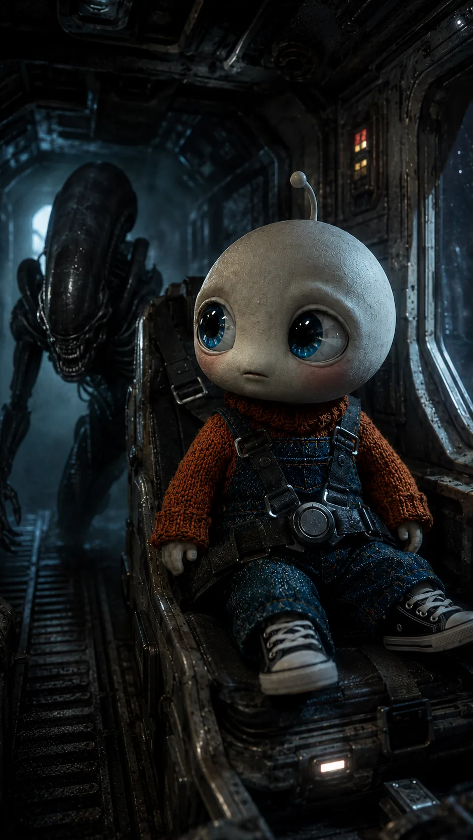 Nookie riding through the Nostromo with a Xenomorph behind him