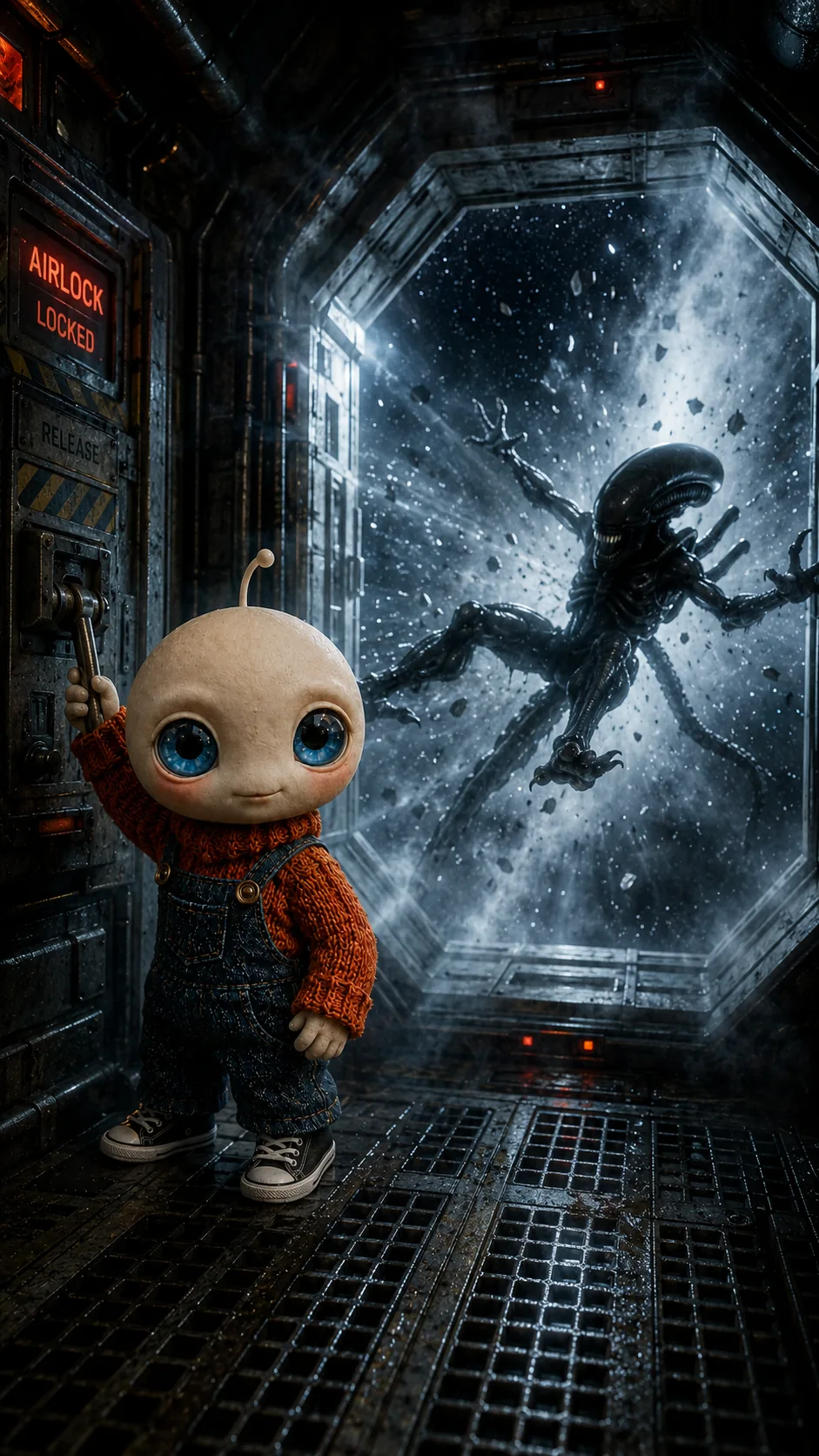 Nookie facing an alien shape at the Nostromo airlock