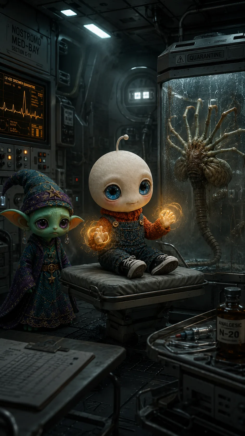 Nookie and Sherbie examining an alien specimen in the medical bay
