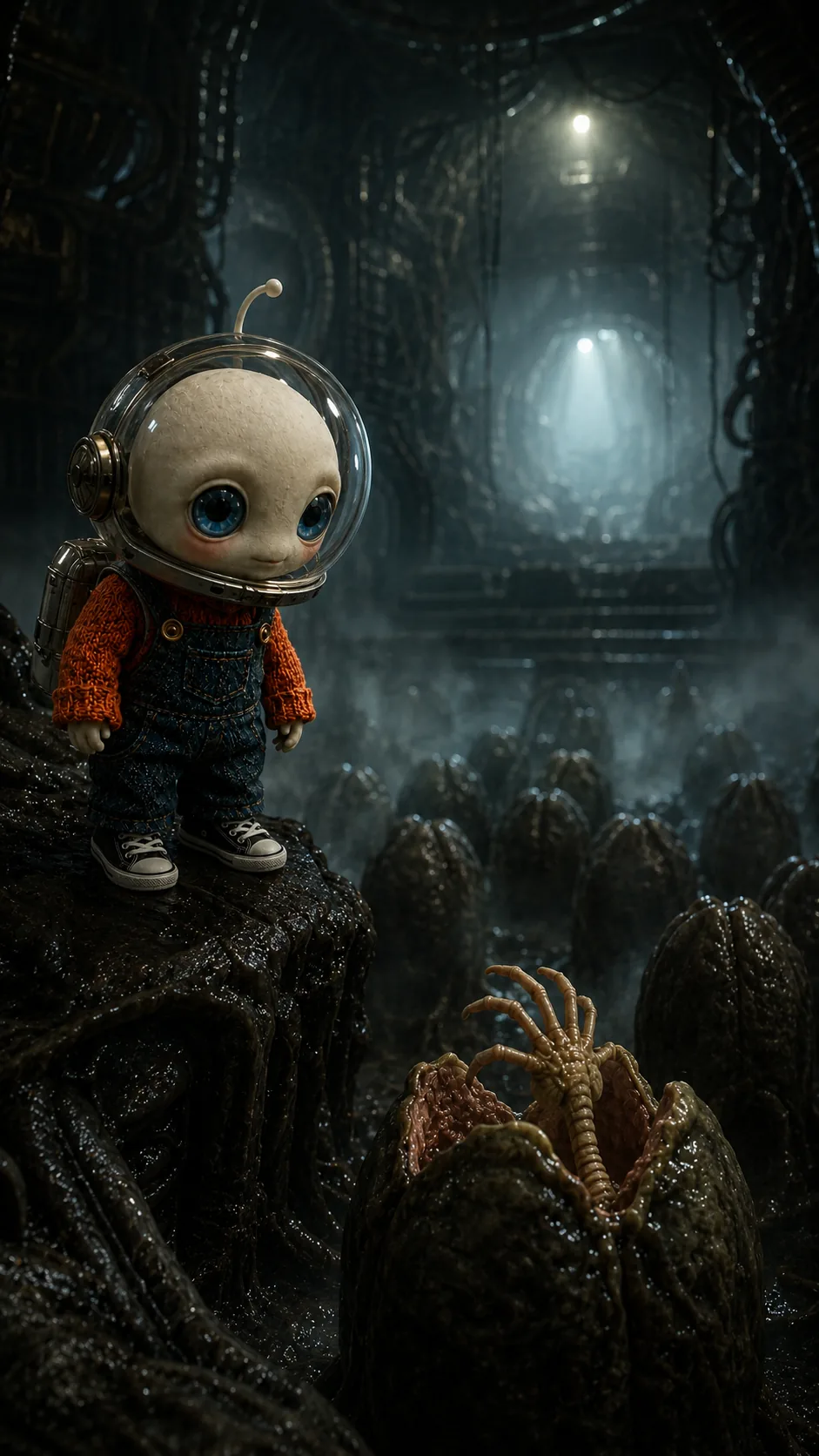 Nookie exploring the alien egg chamber in a space helmet
