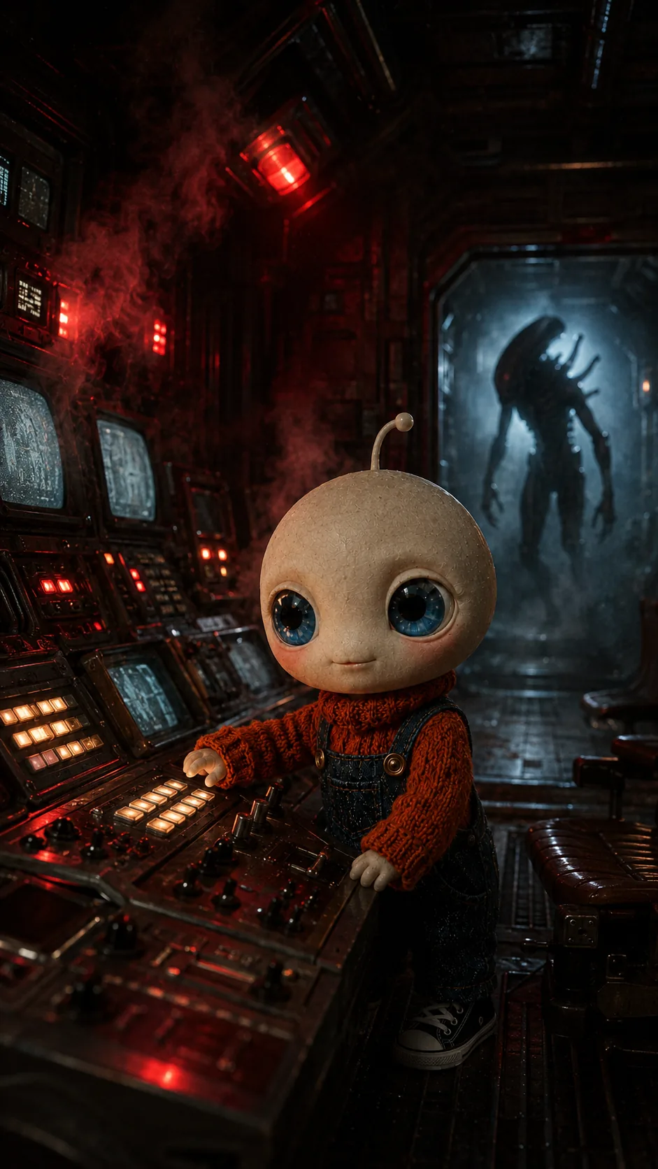 Nookie monitoring the Nostromo control panel while an alien silhouette approaches