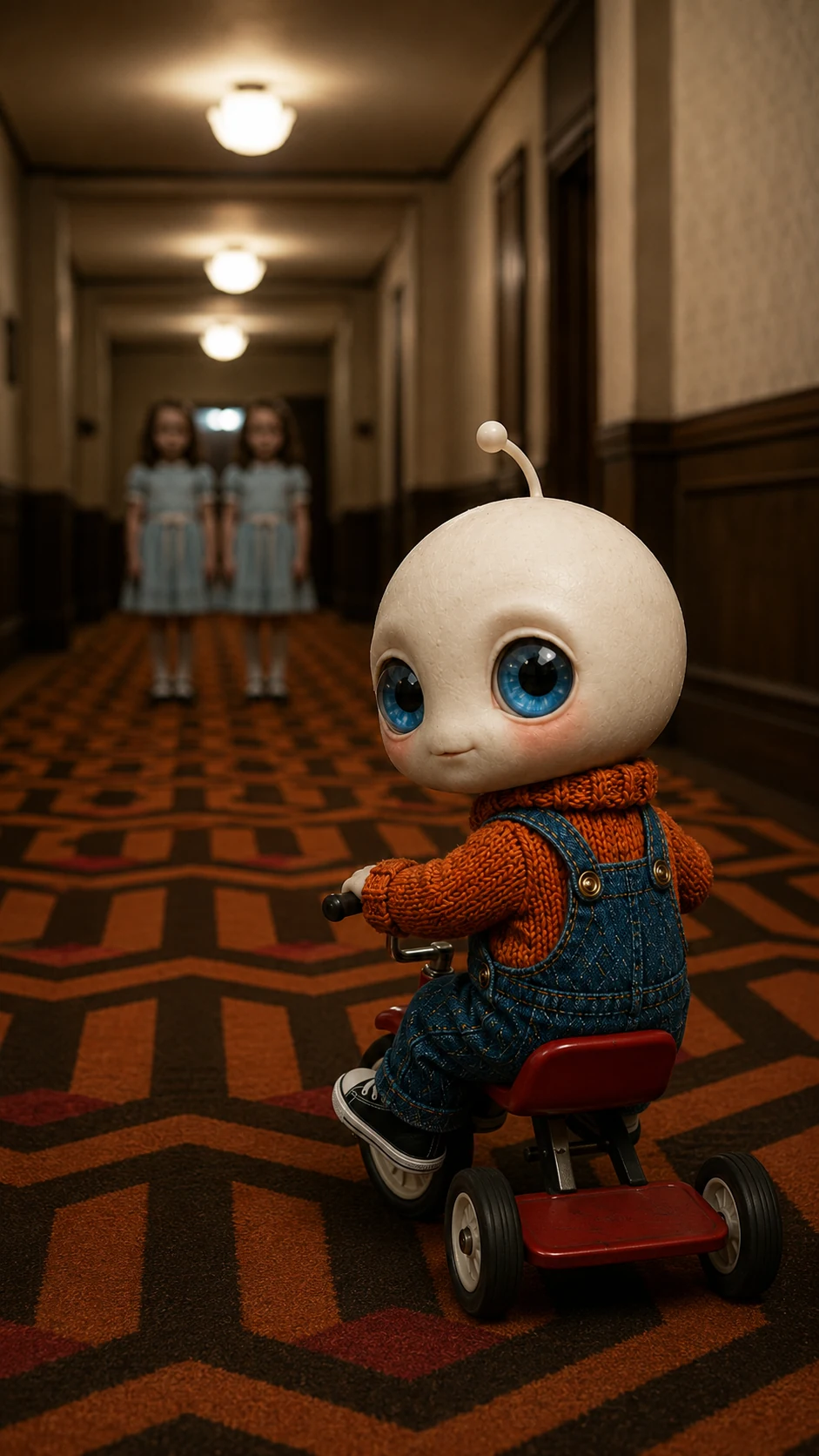 Nookie riding through an Overlook Hotel corridor