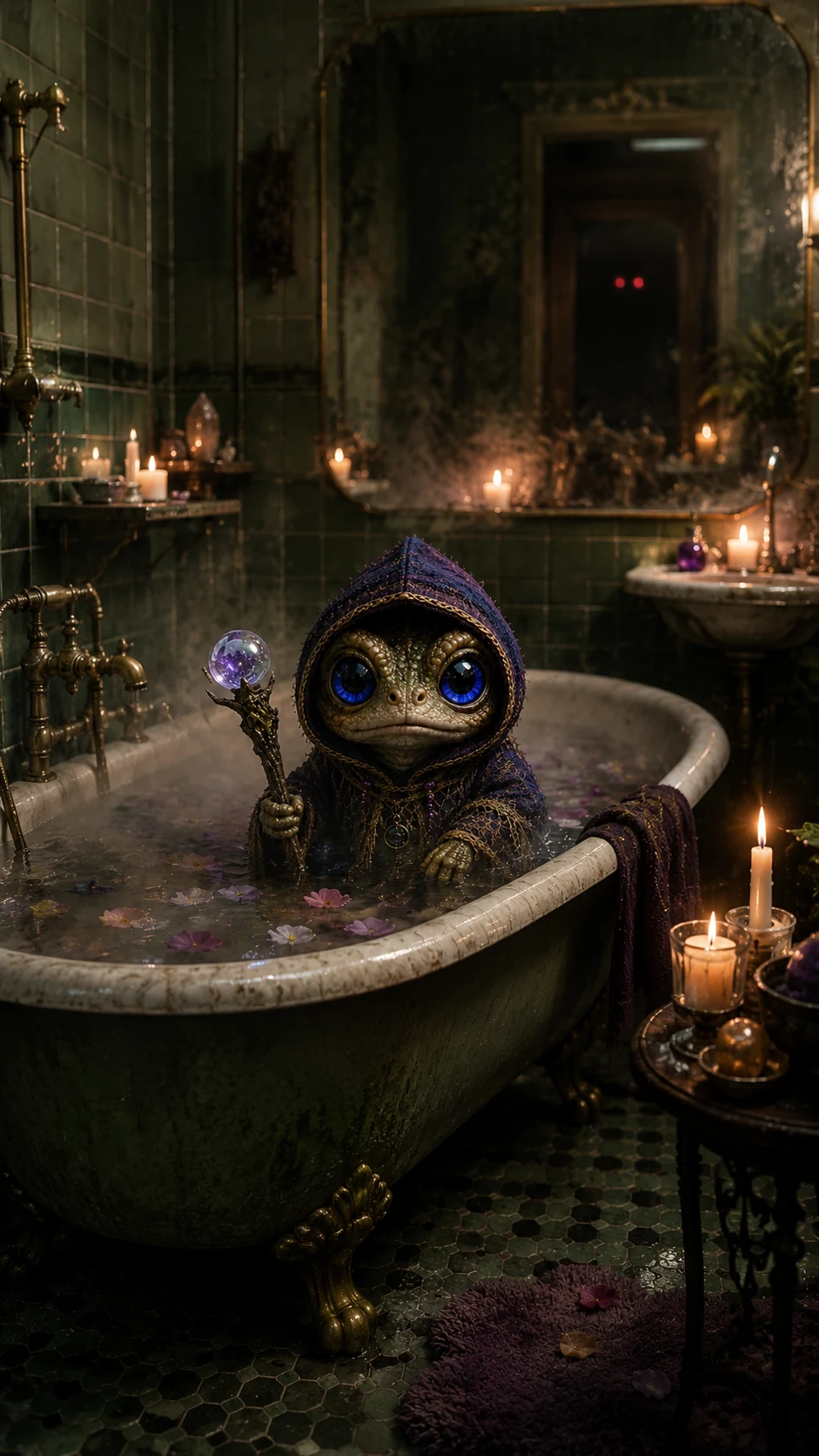Oona investigating a candlelit hotel bathroom