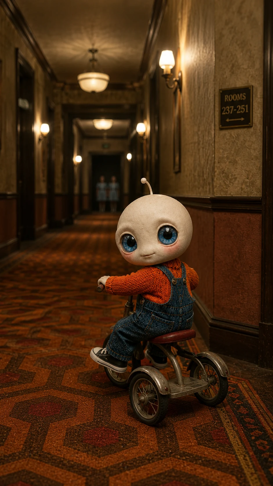Nookie patrolling an Overlook Hotel corridor on a tricycle